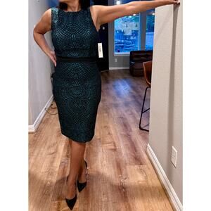 Badgley Mischka Collection Teal Black Jacquard Sheath Dress Size 4 NWT